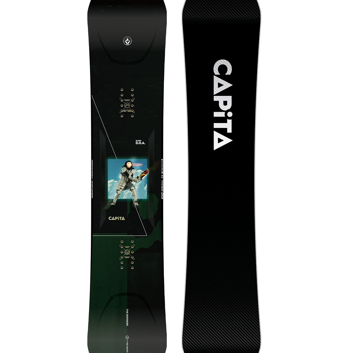 CAPiTA Super DOA Snowboard 2026 - A black snowboard with a blue and white graphic of a man in a spacesuit on top of clouds.