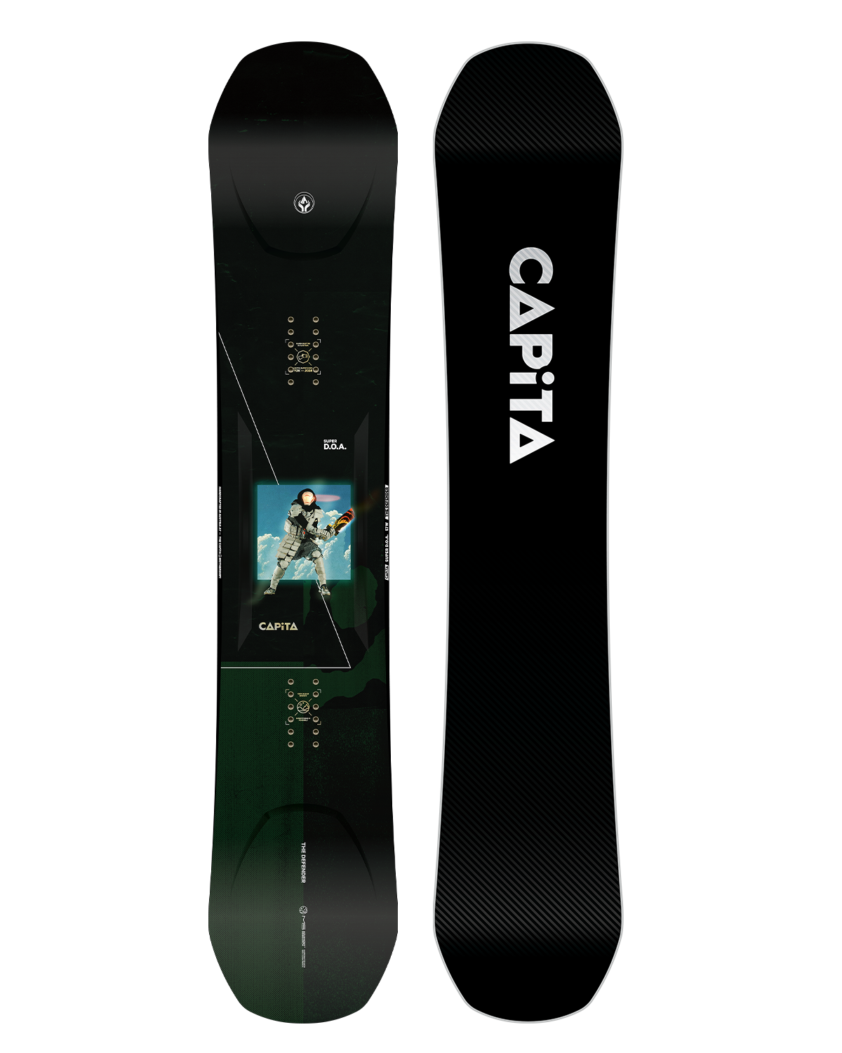 CAPiTA Super DOA Snowboard 2026 - A black snowboard with a blue and white graphic of a man in a spacesuit on top of clouds.