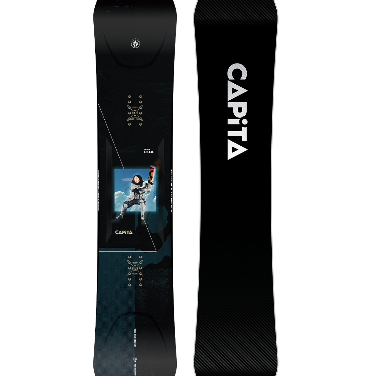 CAPiTA Super DOA Snowboard 2026 - A black snowboard with a blue and white graphic of an astronaut in space.