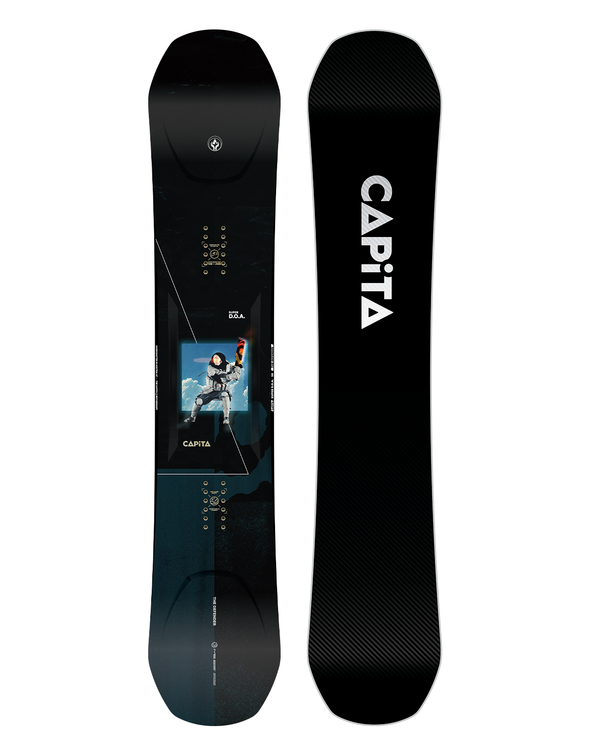 CAPiTA Super DOA Snowboard 2026 - A black snowboard with a blue and white graphic of an astronaut in space.