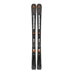 Atomic Redster Q9.8 Revoshock S with I12 Bindings - A black ski with orange accents and a distinctive "Revoshock" logo on the top of each ski.
