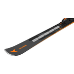 Atomic Redster Q9.8 Revoshock S with I12 Bindings - A black ski with orange accents and silver tips, featuring a distinctive "Revoshock" logo on the tip.