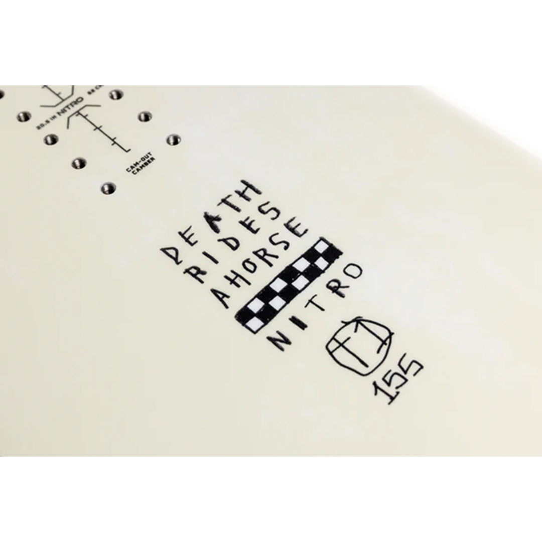 Nitro T1 Snowboard 2026 - A white snowboard with a black and white checkered pattern on the top sheet near the tail.
