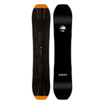 Arbor Terratwin Camber Snowboard 2025 - A black snowboard with a white logo featuring an arched tree and the word "Arbor" in small letters, set against a solid white background.
