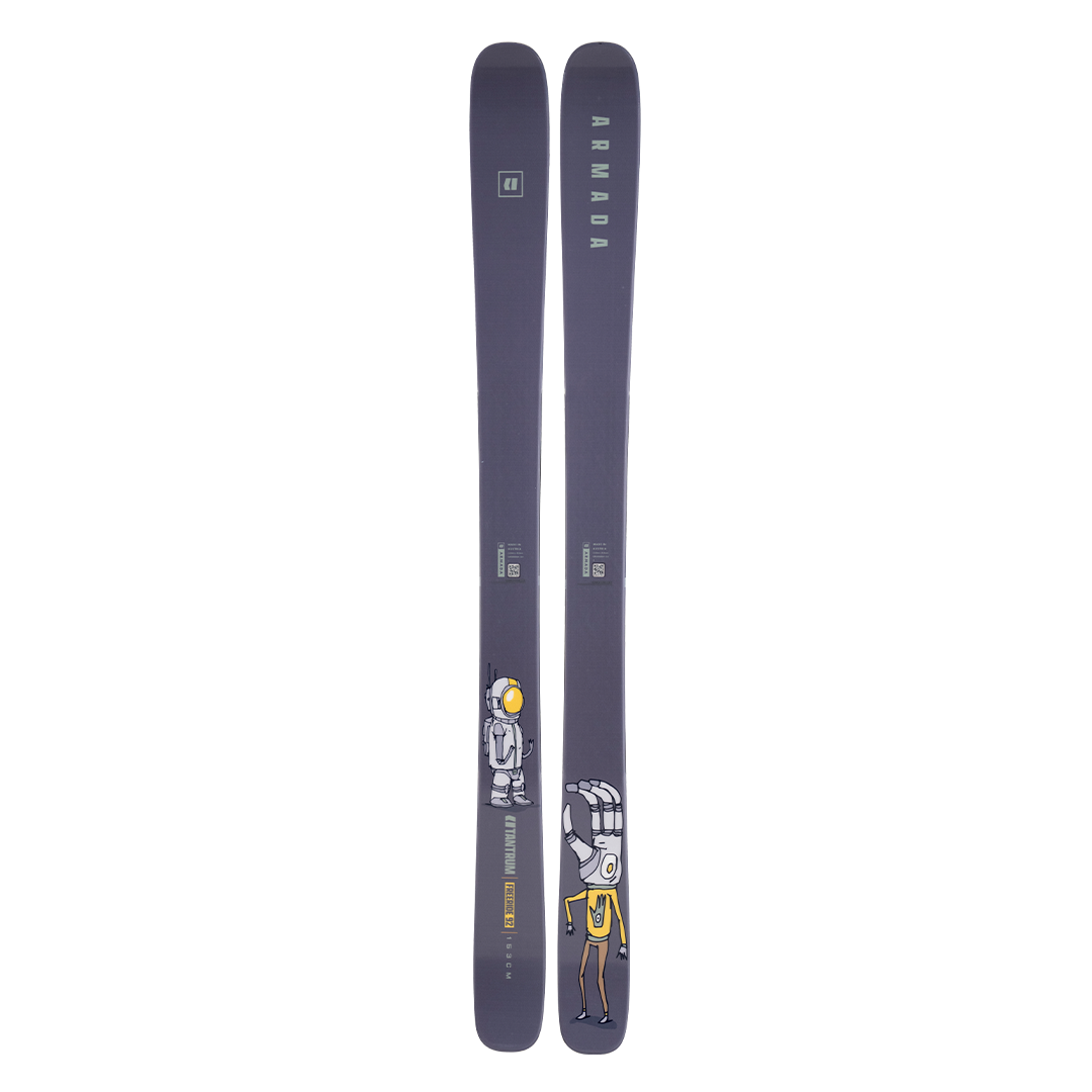 Armada Junior's Tantrum 92 Freeride Skis - A pair of dark gray skis with a white logo on top and a yellow stripe along the bottom edge.