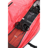 Nitro Tracker Wheelie Snowboard Bag - A red snowboard bag with a black handle and wheels on one end, featuring a zippered pocket on the side.