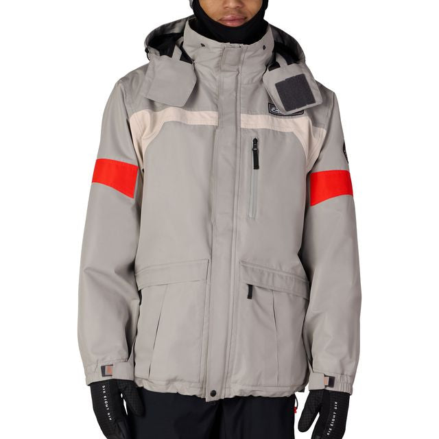 686 Logic jacket, light gray with red sleeve stripes, adjustable hood and zip front.