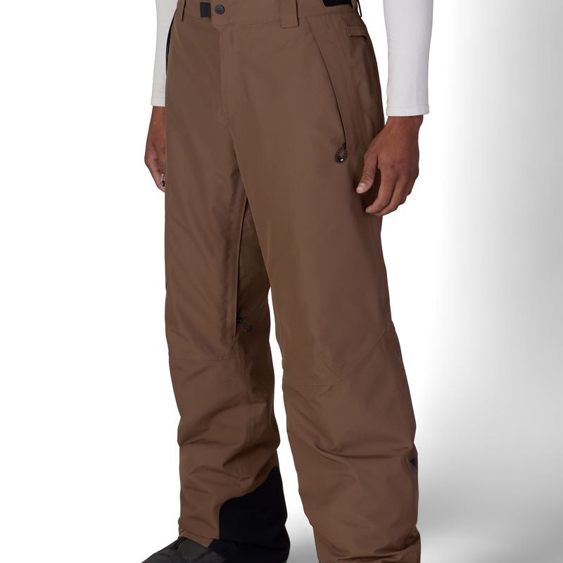 Brown snow pants with cargo pockets and boot-friendly cuffs