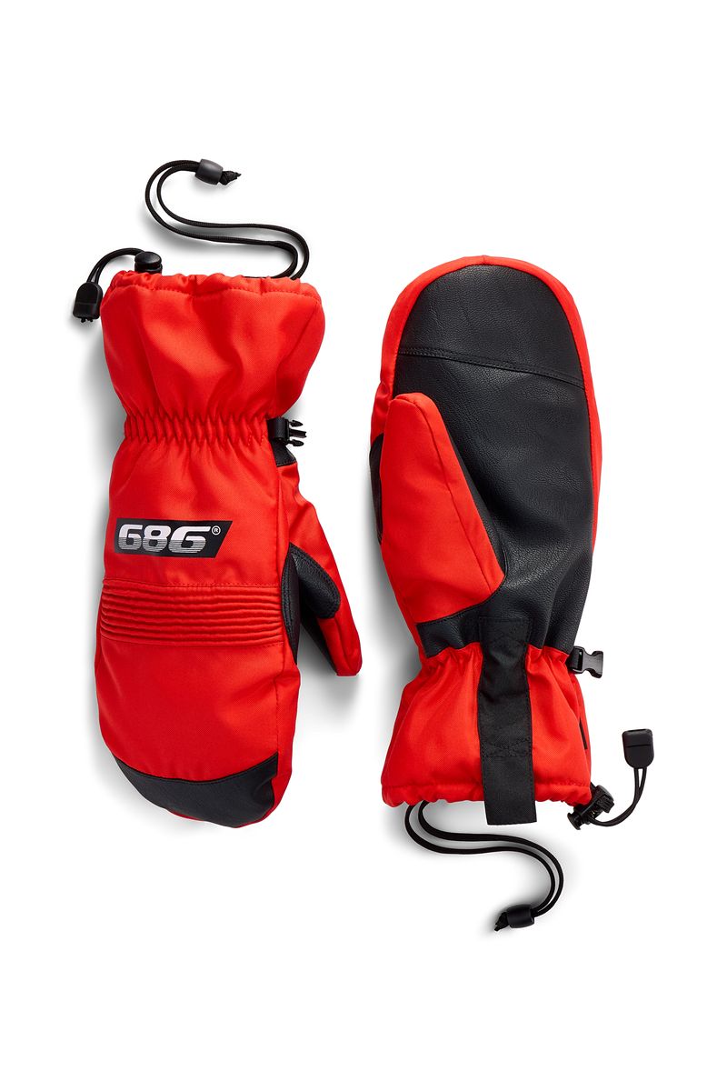 686 Lander mitts in red with black panels, insulated winter gloves, gauntlet cuffs and strap