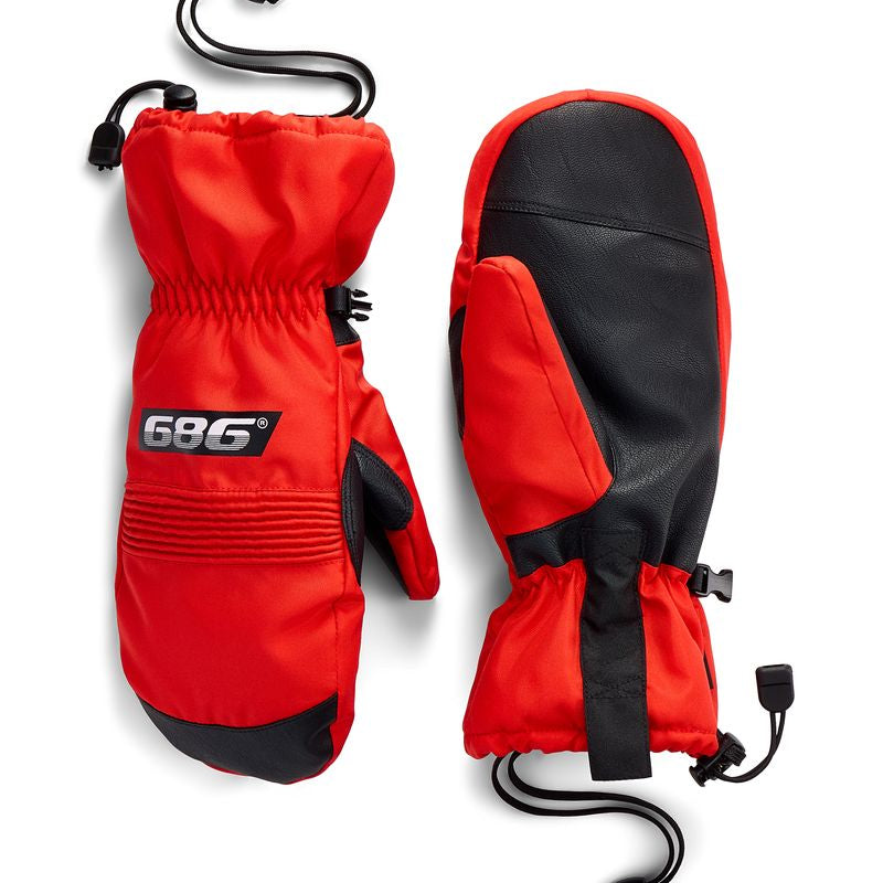 686 Lander mitts in red with black panels, insulated winter gloves, gauntlet cuffs and strap