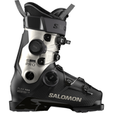 Salomon Women's S/Pro Supra 105 Dual BOA Ski Boots - A pair of black ski boots with a white logo on the side and silver buckles.