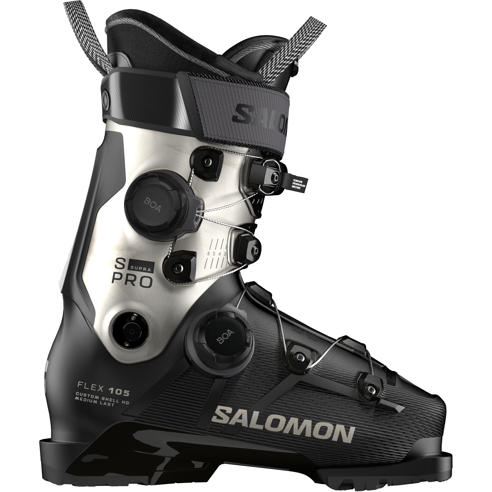 Salomon Women's S/Pro Supra 105 Dual BOA Ski Boots - A pair of black ski boots with a white logo on the side and silver buckles.