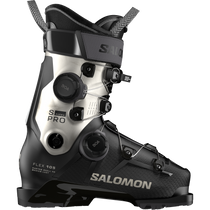 Salomon Women's S/Pro Supra 105 Dual BOA Ski Boots - A pair of black ski boots with a white logo on the side and silver buckles.