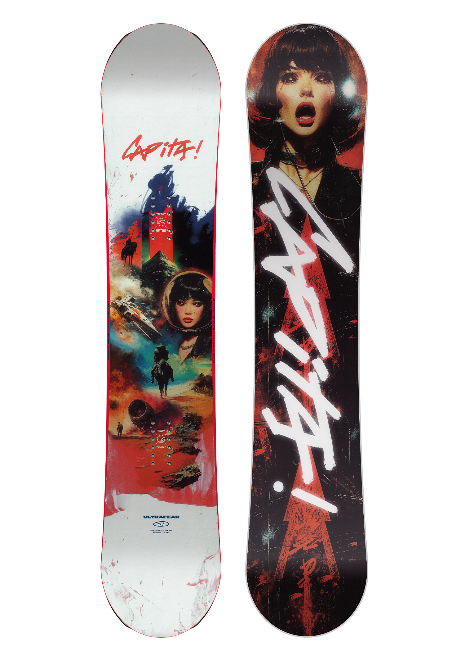 CAPiTA Ultrafear Snowboard 2026 - A snowboard with a predominantly black base and red accents, featuring a striking design that includes a woman's face and a bold, white graffiti-style text reading "Ultrafear".