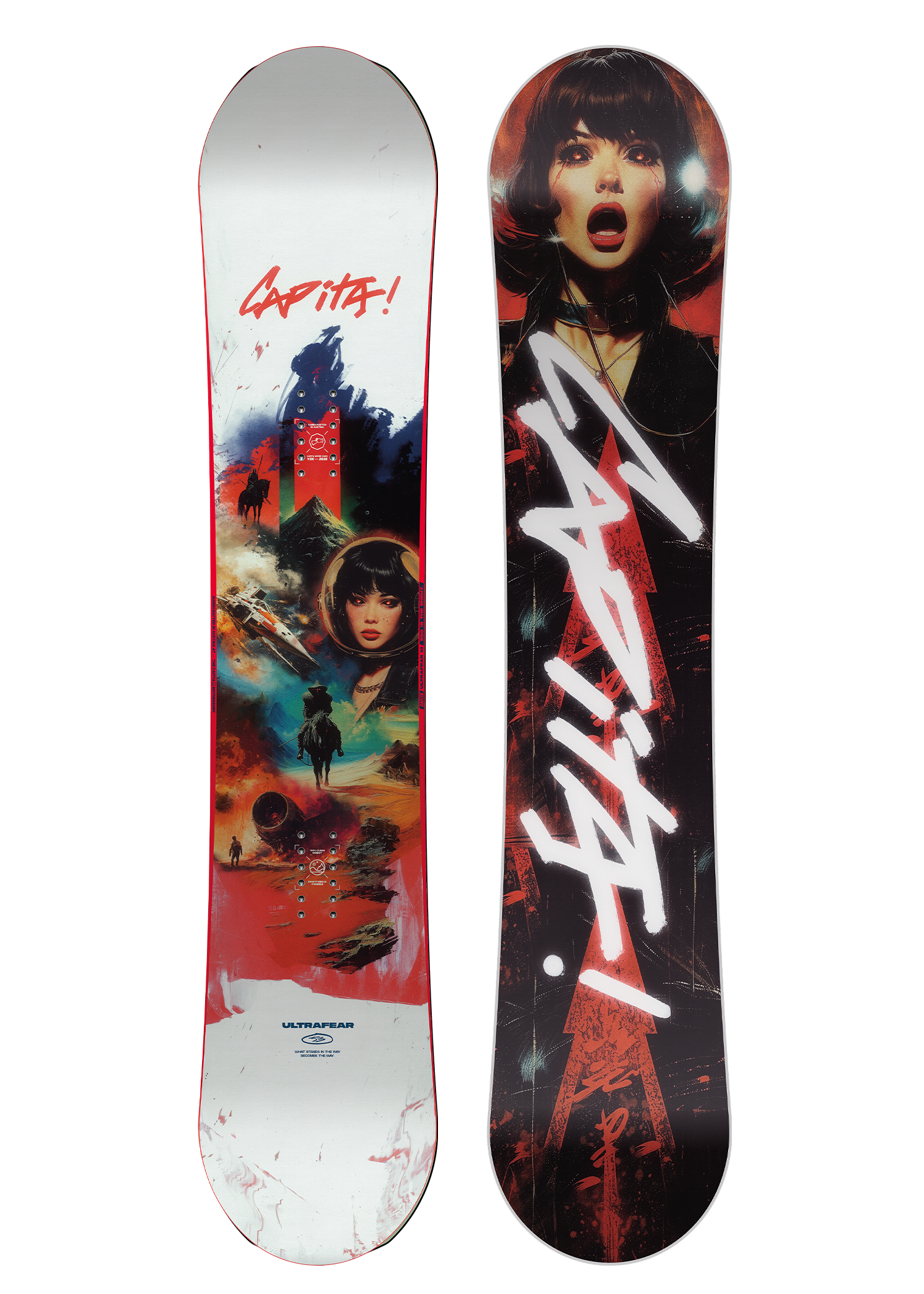 CAPITA ULTAFEAR SNOWBOARD 2026 - A snowboard with a predominantly black base, featuring a striking red and white graphic design that includes a woman's face and abstract shapes.