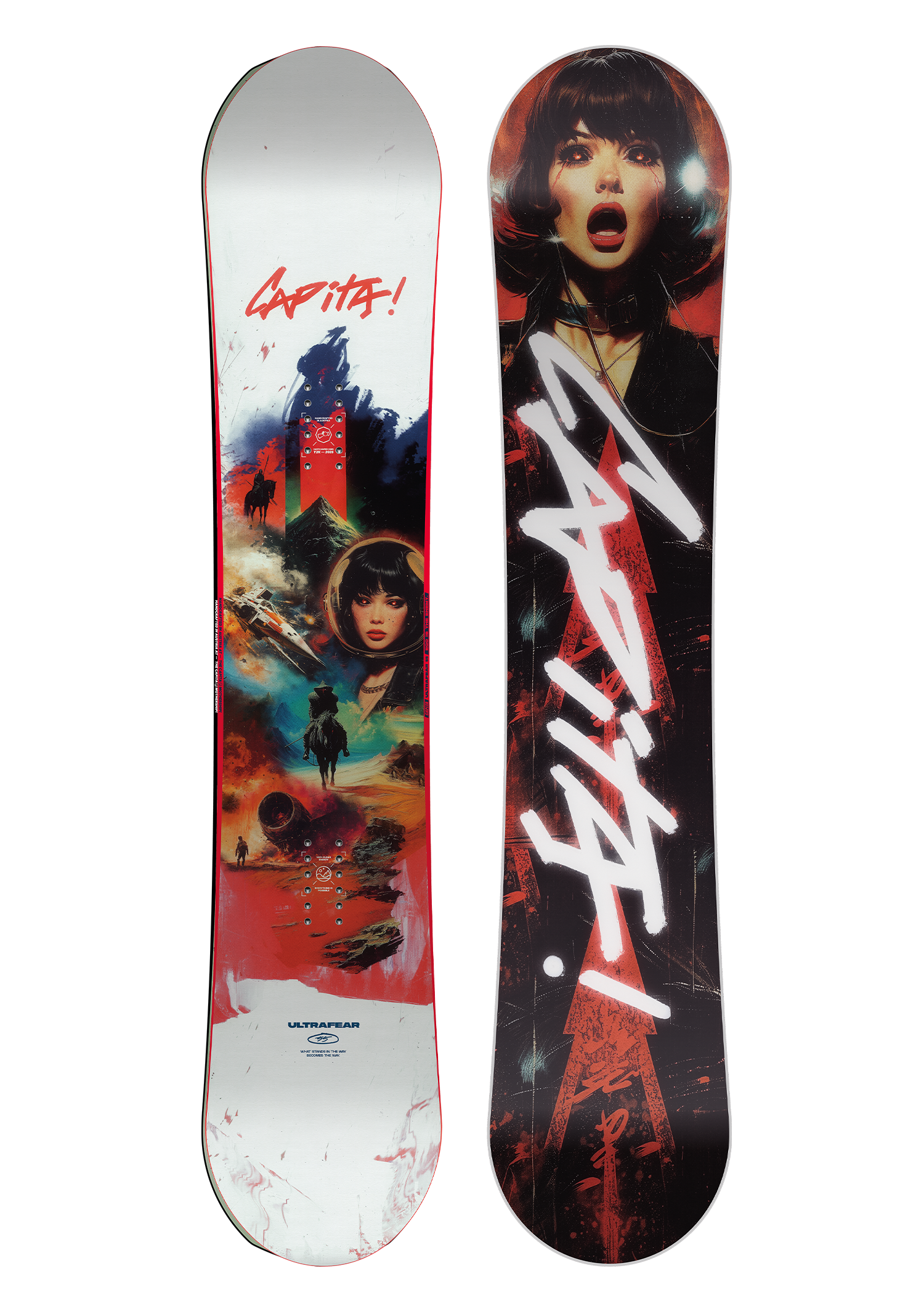 CAPiTA Ultrafear Snowboard 2026 - A snowboard with a predominantly black base and red accents, featuring a striking design that includes a woman's face and a bold, white graffiti-style "Ultrafear" text.