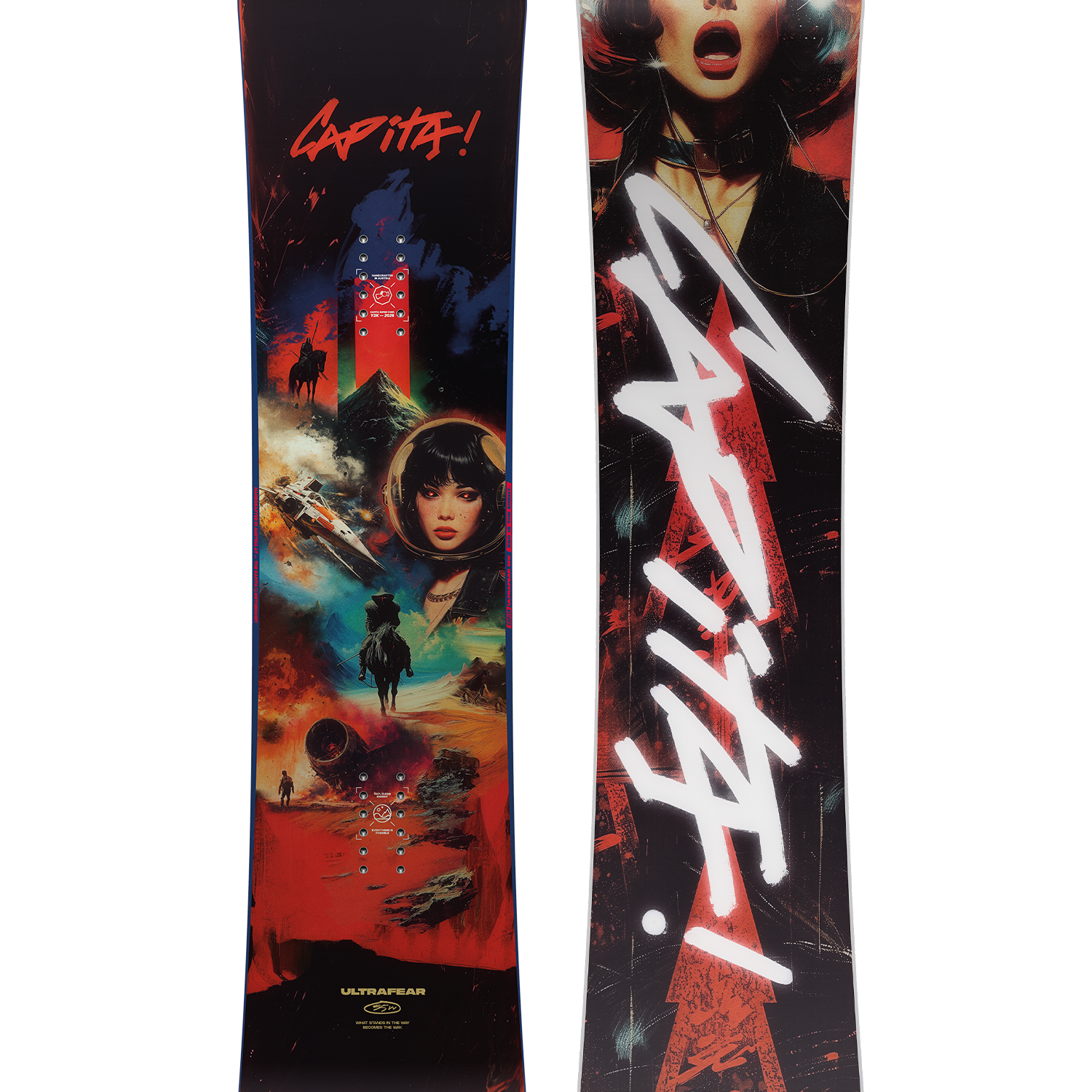 CAPiTA Ultrafear Snowboard 2026 - A black snowboard with a red and blue graphic of a woman's face, a spaceship, and a cowboy riding a horse.