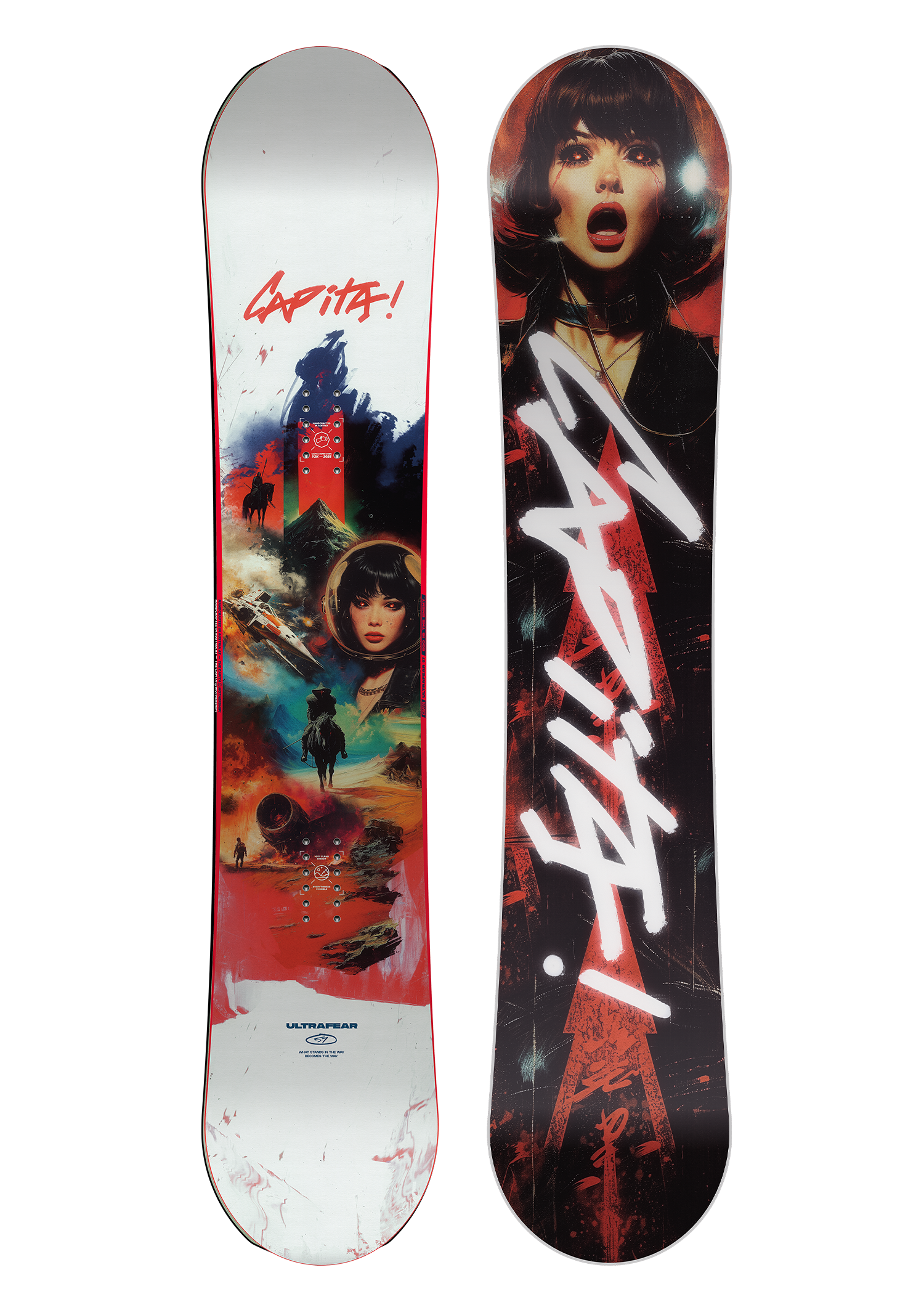 CAPITA Ultrafear Snowboard 2026 - A snowboard with a predominantly black base and red accents, featuring a striking design that includes a woman's face and bold white lettering.