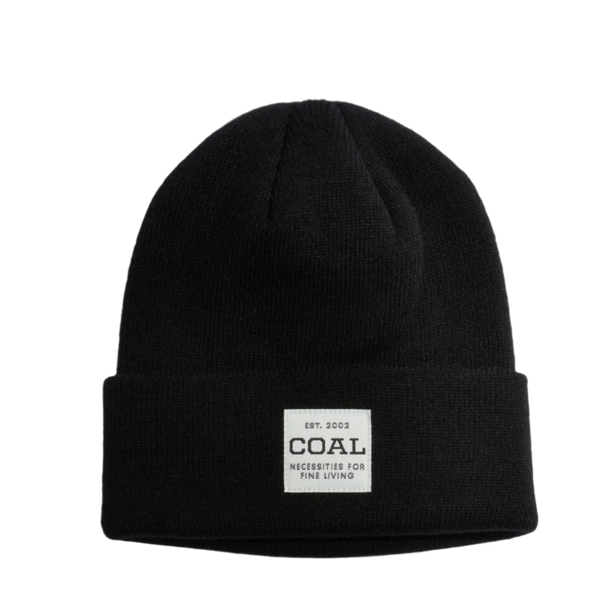 Coal Uniform Mid Knit Beanie 2025 - A black beanie with a white rectangular patch on the front featuring the word "COAL" in large letters and smaller text below reading "NECESSITIES FOR FINE LIVING".