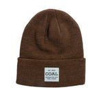 Coal Uniform Mid Knit Beanie 2025 - A brown beanie with a white rectangular patch on the front featuring the word "COAL" in black letters.