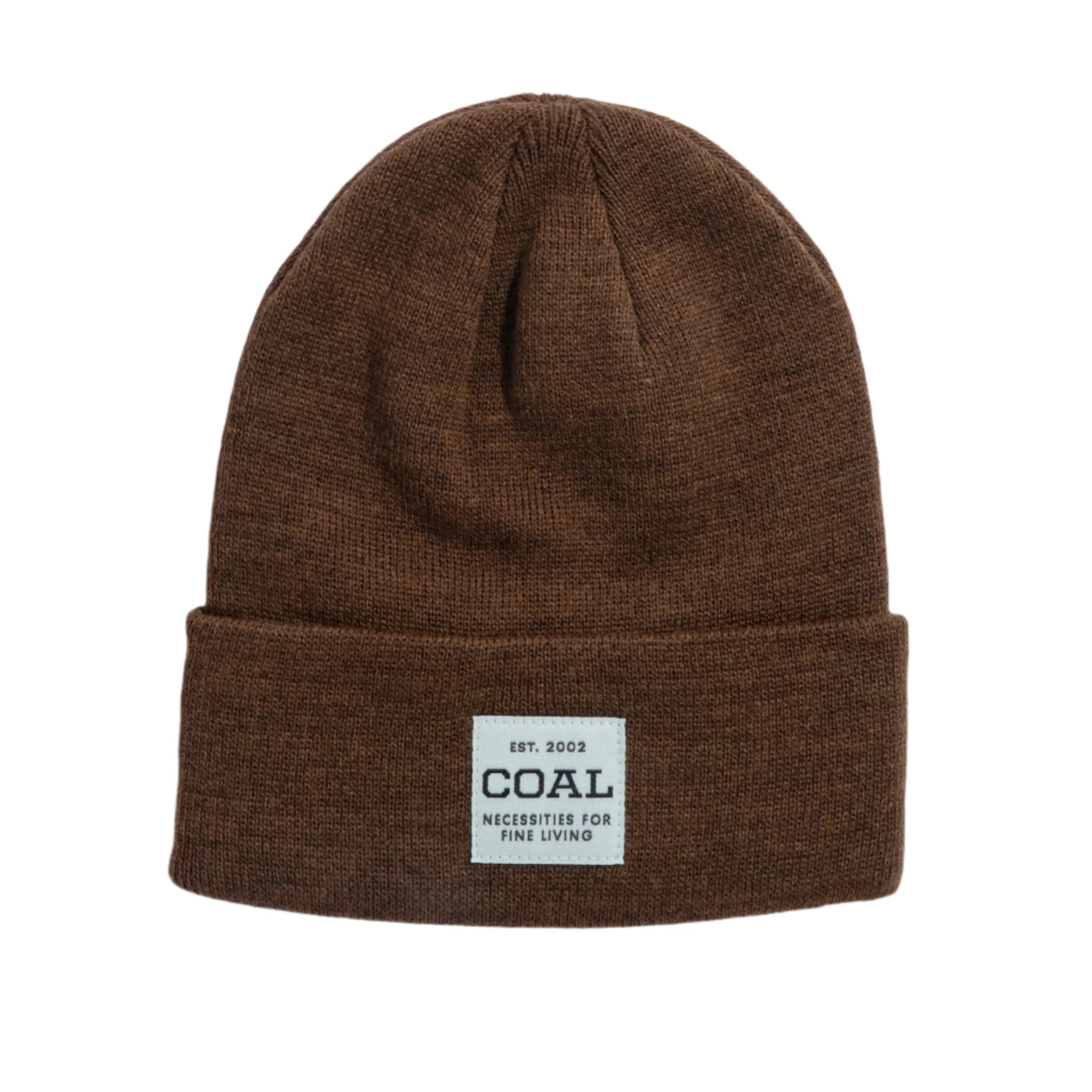 Coal Uniform Mid Knit Beanie 2025 - A brown beanie with a white rectangular patch on the front featuring the word "COAL" in black letters.