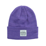 Coal Uniform Mid Knit Beanie 2025 - A purple beanie with a white rectangular patch on the front featuring the word "COAL" in black letters.
