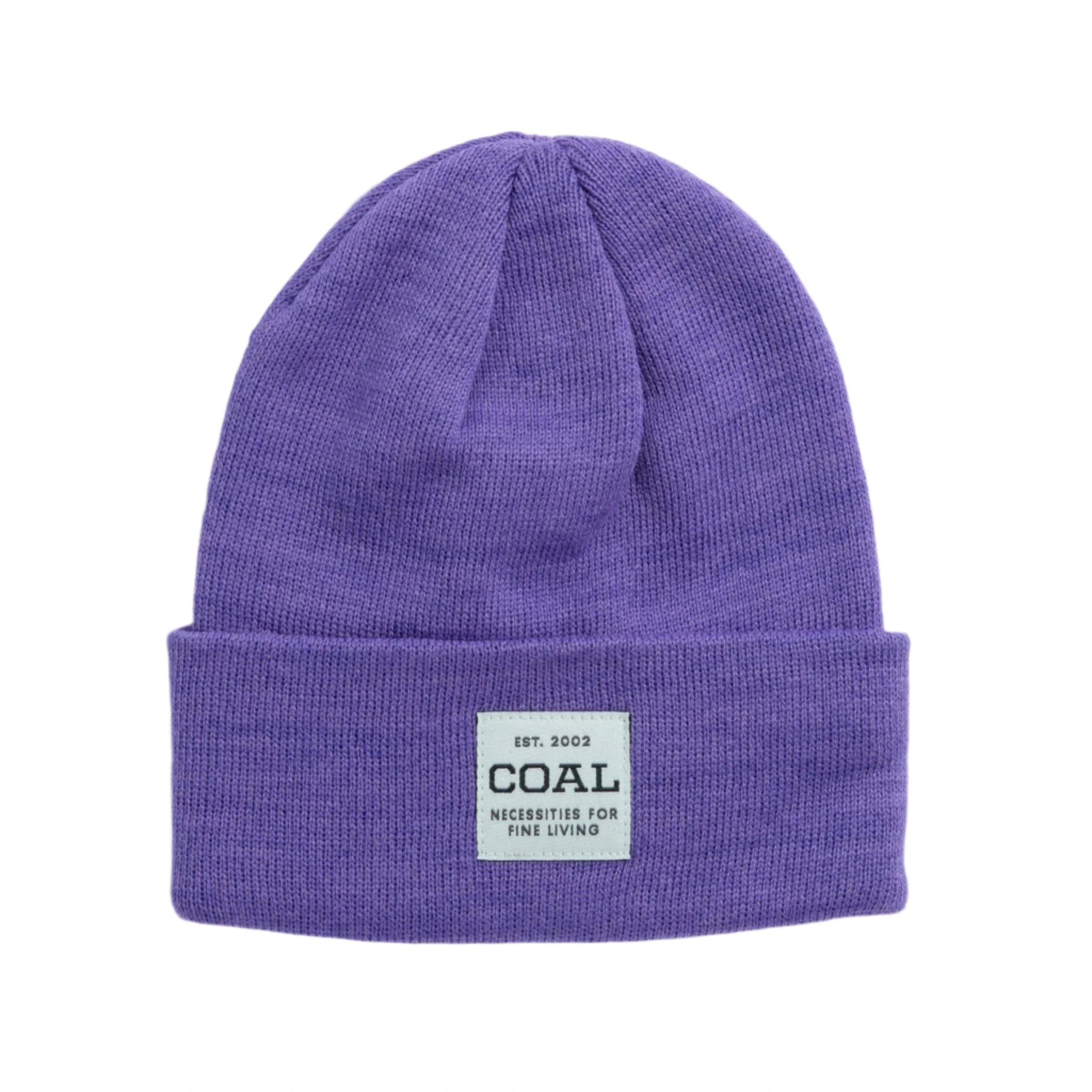 Coal Uniform Mid Knit Beanie 2025 - A purple beanie with a white rectangular patch on the front featuring the word "COAL" in black letters.