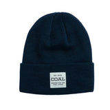 Coal Uniform Mid Knit Beanie 2025 - A navy blue beanie with a white rectangular patch on the front featuring the word "COAL" in black letters.
