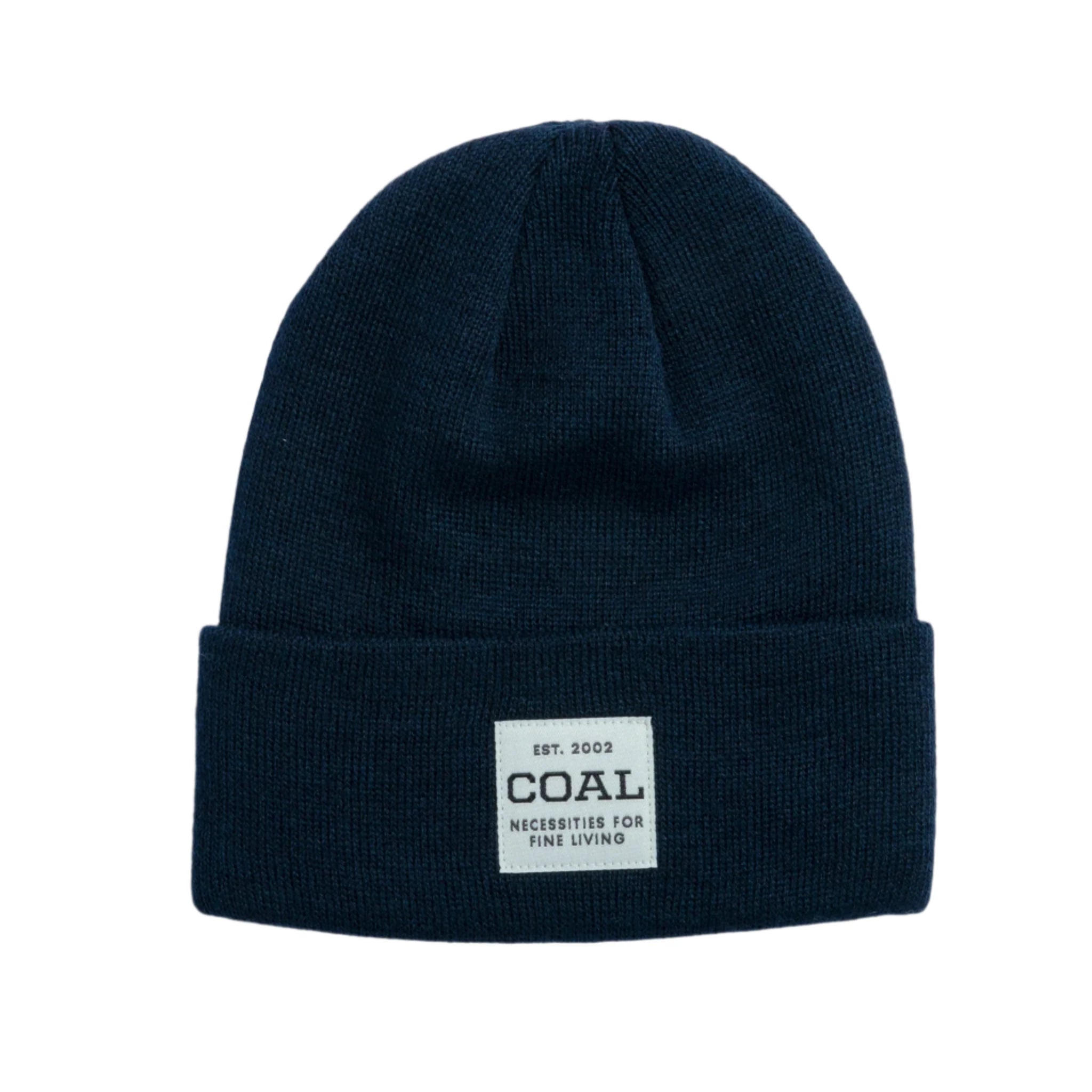 Coal Uniform Mid Knit Beanie 2025 - A navy blue beanie with a white rectangular patch on the front featuring the word "COAL" in black letters.