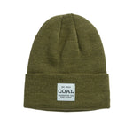 Coal Uniform Mid Knit Beanie 2025 - A dark green beanie with a white rectangular label on the front that reads "COAL" in black letters.