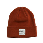 Coal Uniform Mid Knit Beanie 2025 - A rust-colored beanie with a white rectangular patch on the front featuring the word "COAL" in black font.