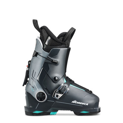 Nordica Women's HF 75 R Ski Boots 2026 - A pair of black ski boots with a silver buckle and teal accents on the heel and toe.