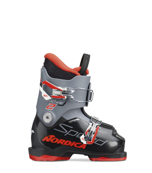 Nordica Junior's Speed Machine 2 Ski Boots 2025 - Black ski boot with red accents and white lettering on the side.