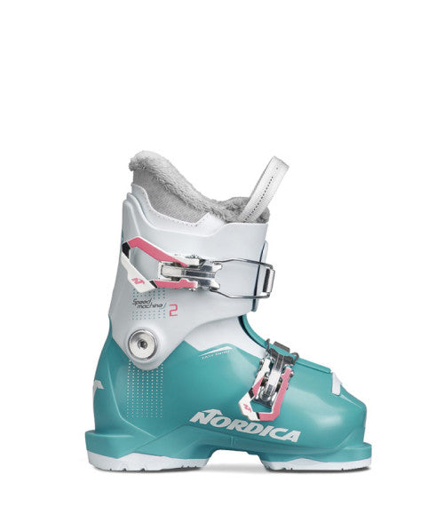 Nordica Junior's Speed Machine 2 Girl Ski Boot 2025 - White ski boot with pink accents and a silver buckle.