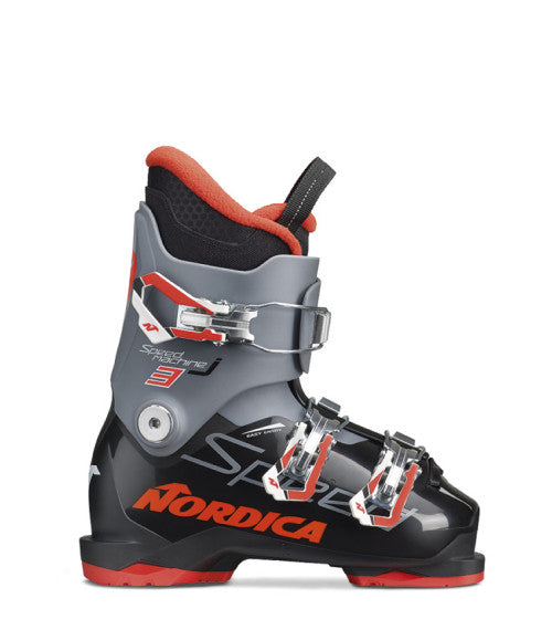 Nordica Junior's Speedmachine 3 Ski Boots 2025 - Black ski boots with red accents and white lettering.