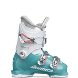 Nordica Junior's Speedmachine 3 Girl Ski Boots 2025 - White ski boots with pink accents and a silver buckle.