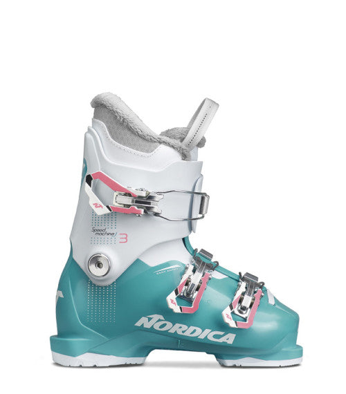 Nordica Junior's Speedmachine 3 Girl Ski Boots 2025 - White ski boots with pink accents and a silver buckle.