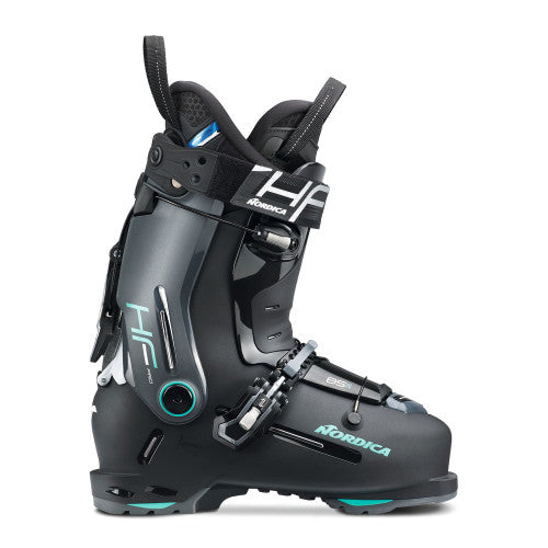 Nordica Women's HF Pro 85 R Ski Boots 2025 - Black ski boot with white and teal accents, featuring a sleek design and prominent "HF" logo on the side.