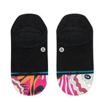 Stance Women's Unwind No Show Sock 2023 - A pair of black no-show socks with a pink and orange abstract design on the toe area.