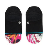 Stance Women's Unwind No Show Sock 2023 - A pair of black no-show socks with a pink and orange abstract design on the toe area.