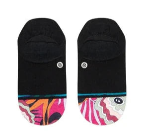 Stance Women's Unwind No Show Sock 2023 - A pair of black no-show socks with a pink and orange abstract design on the toe area.