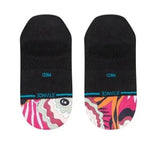Stance Women's Unwind No Show Sock 2023 - A pair of black no-show socks with a pink and white abstract design on the toe area.