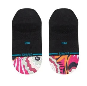 Stance Women's Unwind No Show Sock 2023 - A pair of black no-show socks with a pink and white abstract design on the toe area.