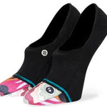 Stance Women's Unwind No Show Sock 2023 - A pair of black no-show socks with a small white logo on top and pink, orange, and grey accents at the toe.