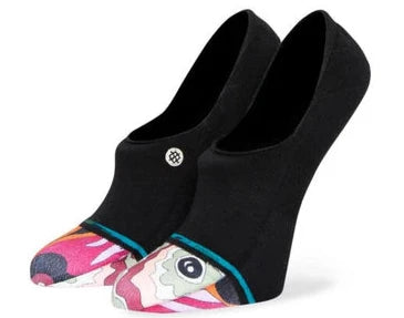 Stance Women's Unwind No Show Sock 2023 - A pair of black no-show socks with a small white logo on top and pink, orange, and grey accents at the toe.