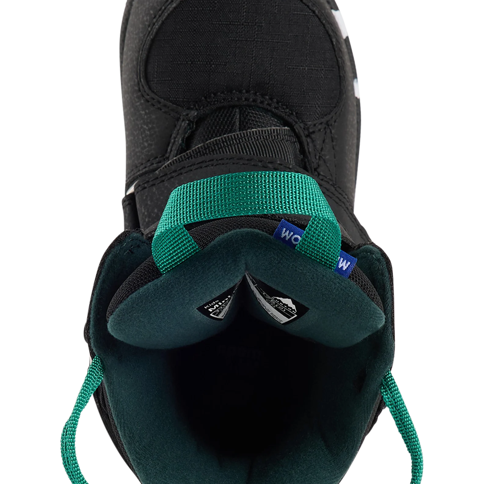 Kids mini grom snowboard boots, open cuff showing teal inner lining and pull strap