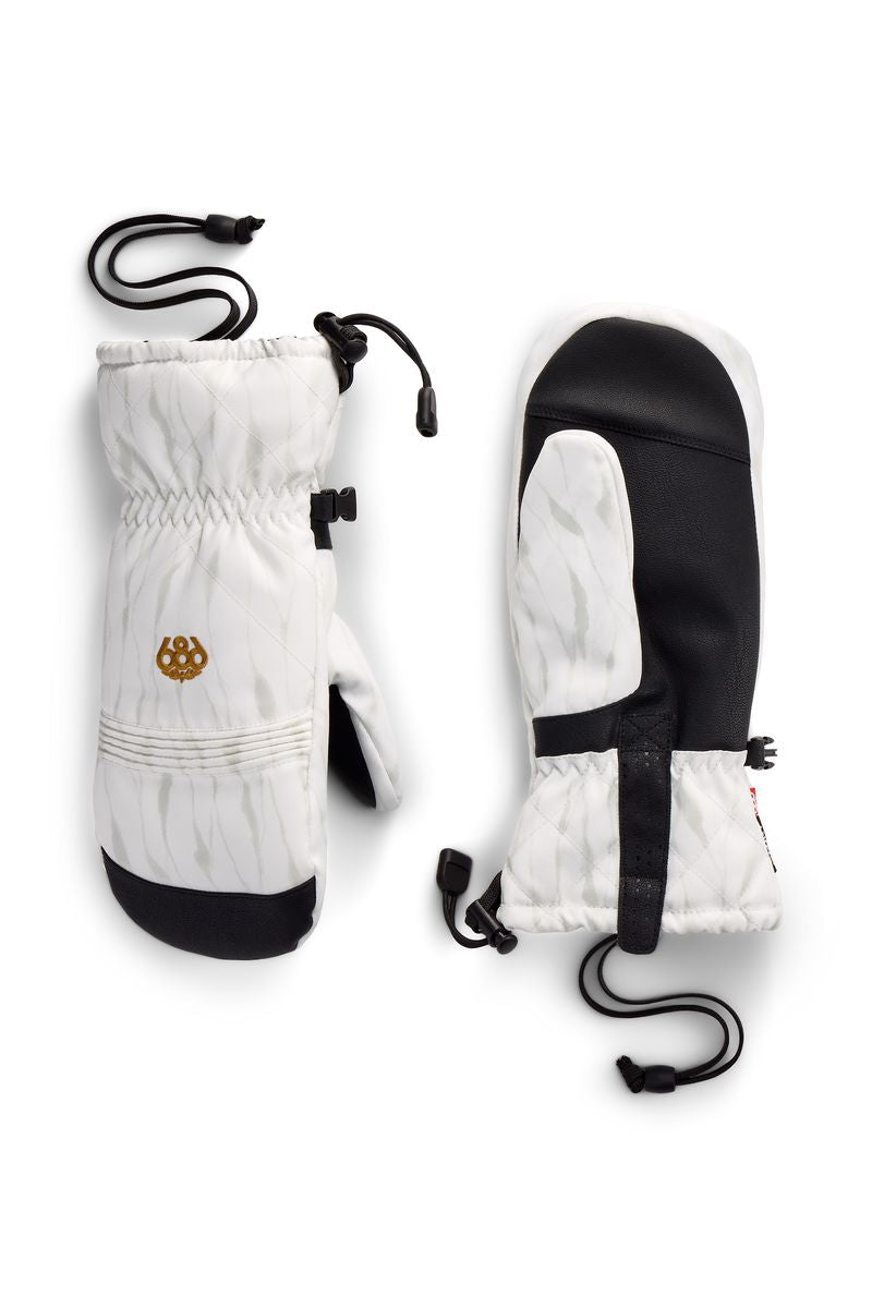 Women’s novelty mittens in white and black with adjustable drawstring cuff and small logo