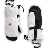 Women’s novelty mittens in white and black with adjustable drawstring cuff and small logo