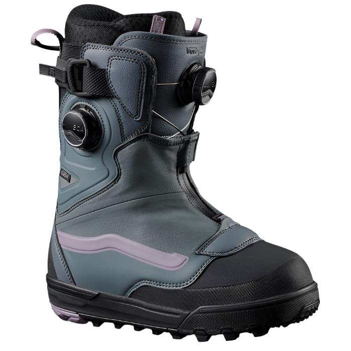 Vans Women's Viaje Range Edition Snowboard Boot 2024 - A black snowboard boot with a purple logo on the side and a strap closure system.