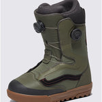 Vans Aura Pro Snowboard Boot 2024 - A green snowboard boot with a black stripe on the side and red stitching, featuring a brown sole.